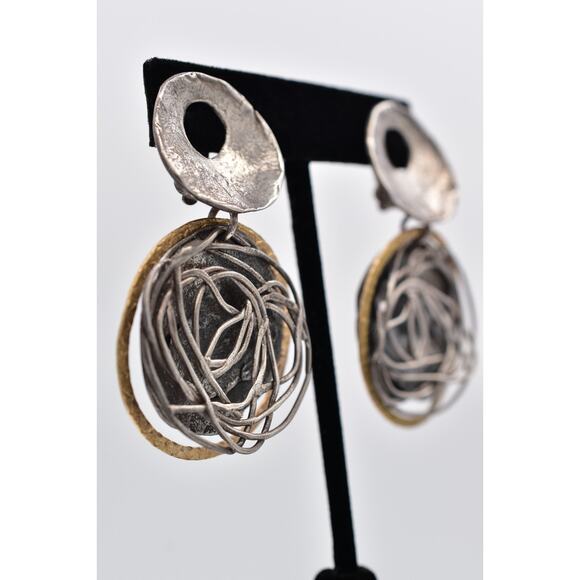 Vintage 925 Brutalist Clip On Earrings Sterling Silver Geometric Chunky BinAV - Picture 4 of 12